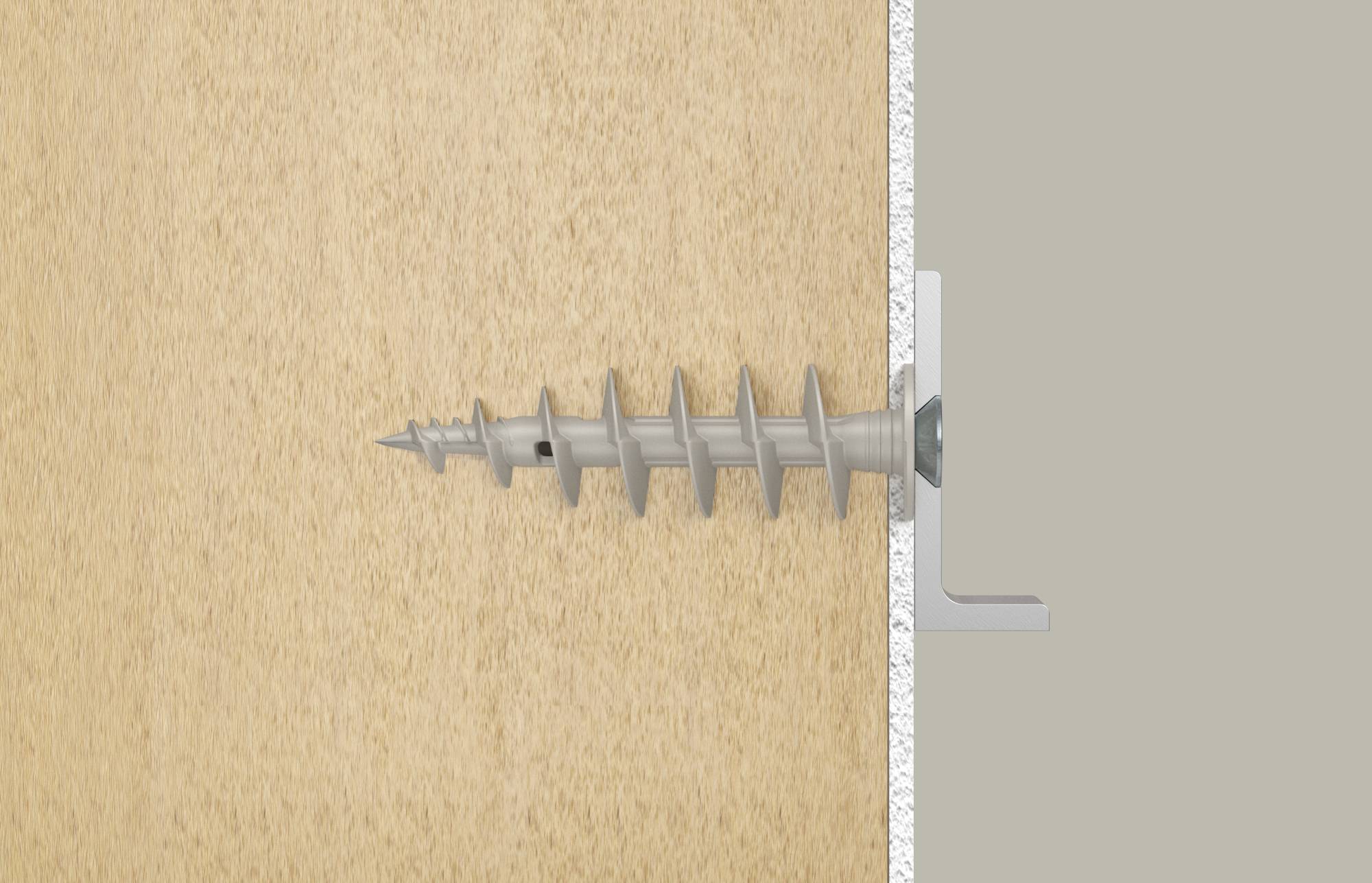 Diagramme en gros plan d'une vis s'ancrant dans une planche de bois à côté d'un support mural, montrant comment l'élément de fixation sécurise le panneau au support.