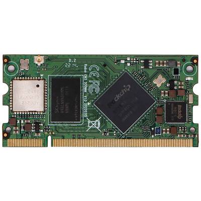 Une carte électronique verte, portant l'inscription 'rockchip', montre différents composants et circuits électroniques.