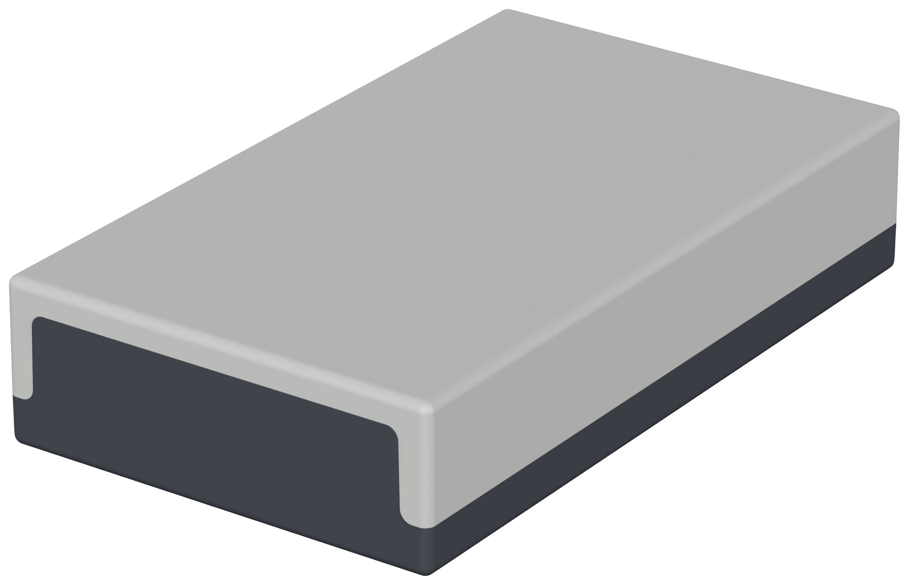 Boîtier rectangulaire gris avec des angles arrondis, adapté pour les composants électroniques.