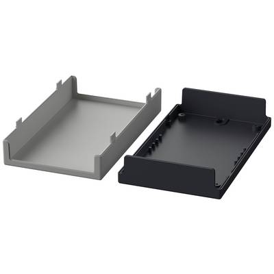Deux boîtiers en plastique rectangulaires vides, de couleur grise et noire, placés côte à côte, avec des bords surélevés sur les côtés.