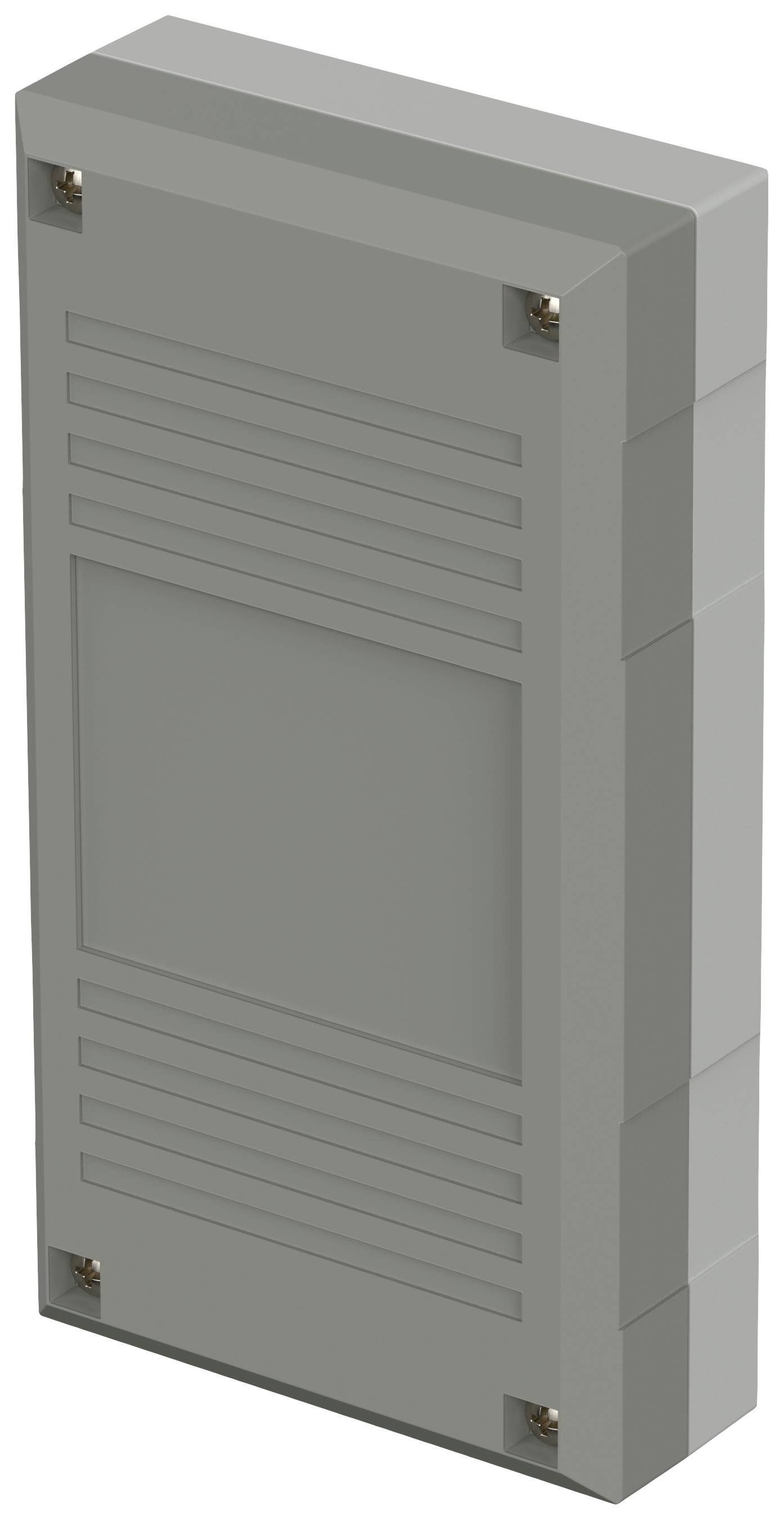 Boîtier gris rectangulaire avec quatre vis visibles aux coins et des lignes parallèles servant d'élément de design sur la face avant.