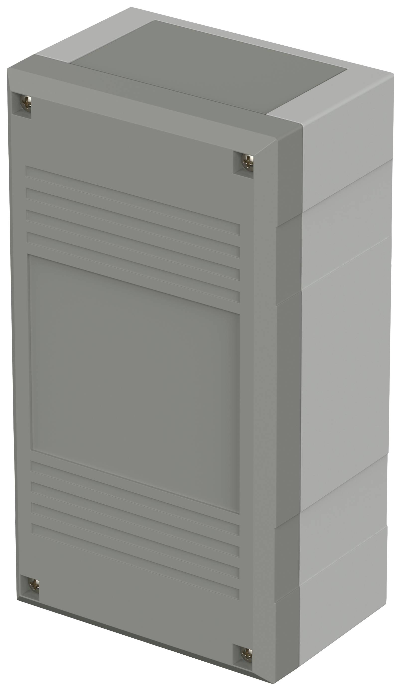 Un boîtier rectangulaire gris avec un couvercle amovible, utilisé pour loger des composants électroniques.
