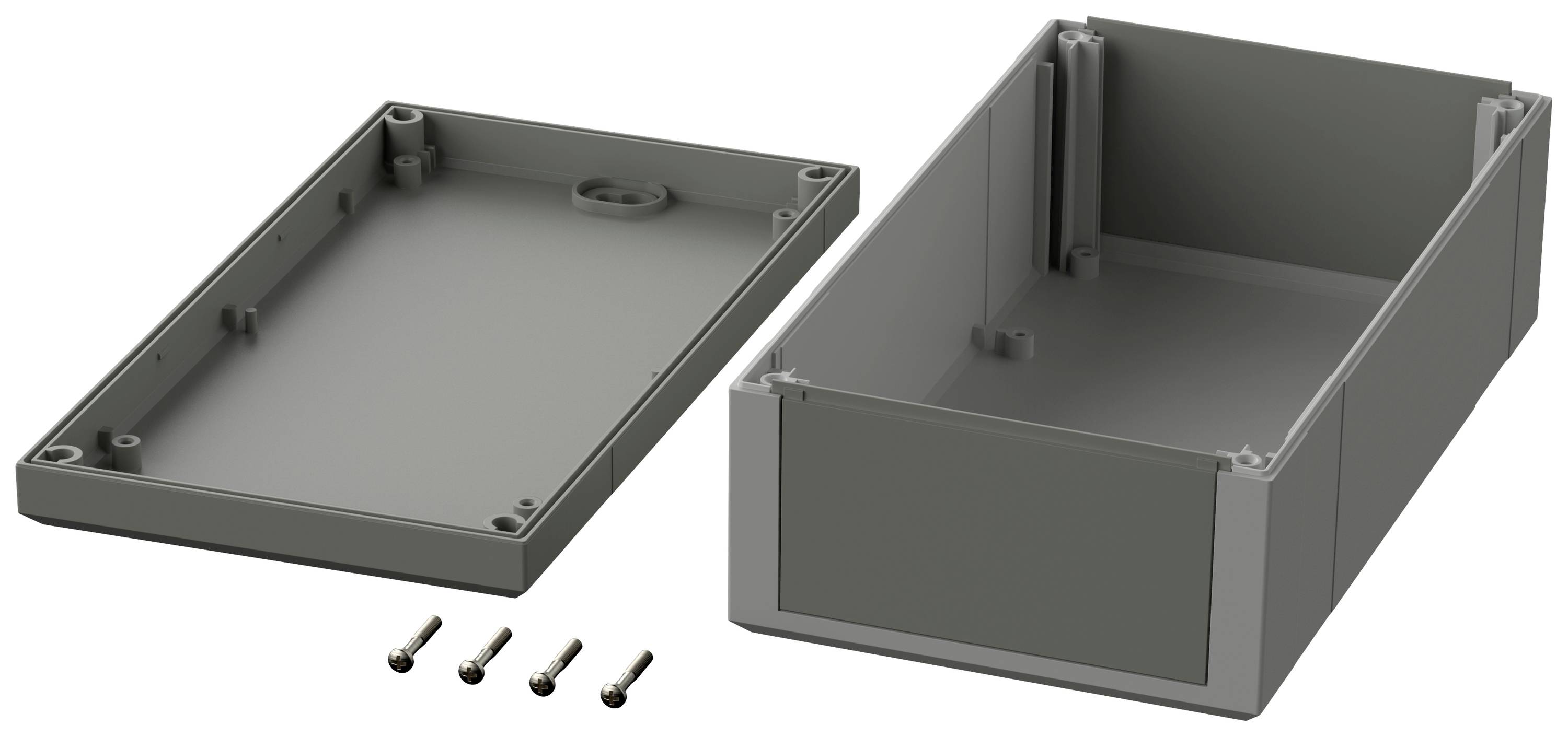 Boîtier rectangulaire ouvert en plastique avec couvercle amovible et vis, adapté pour la protection des composants électroniques.