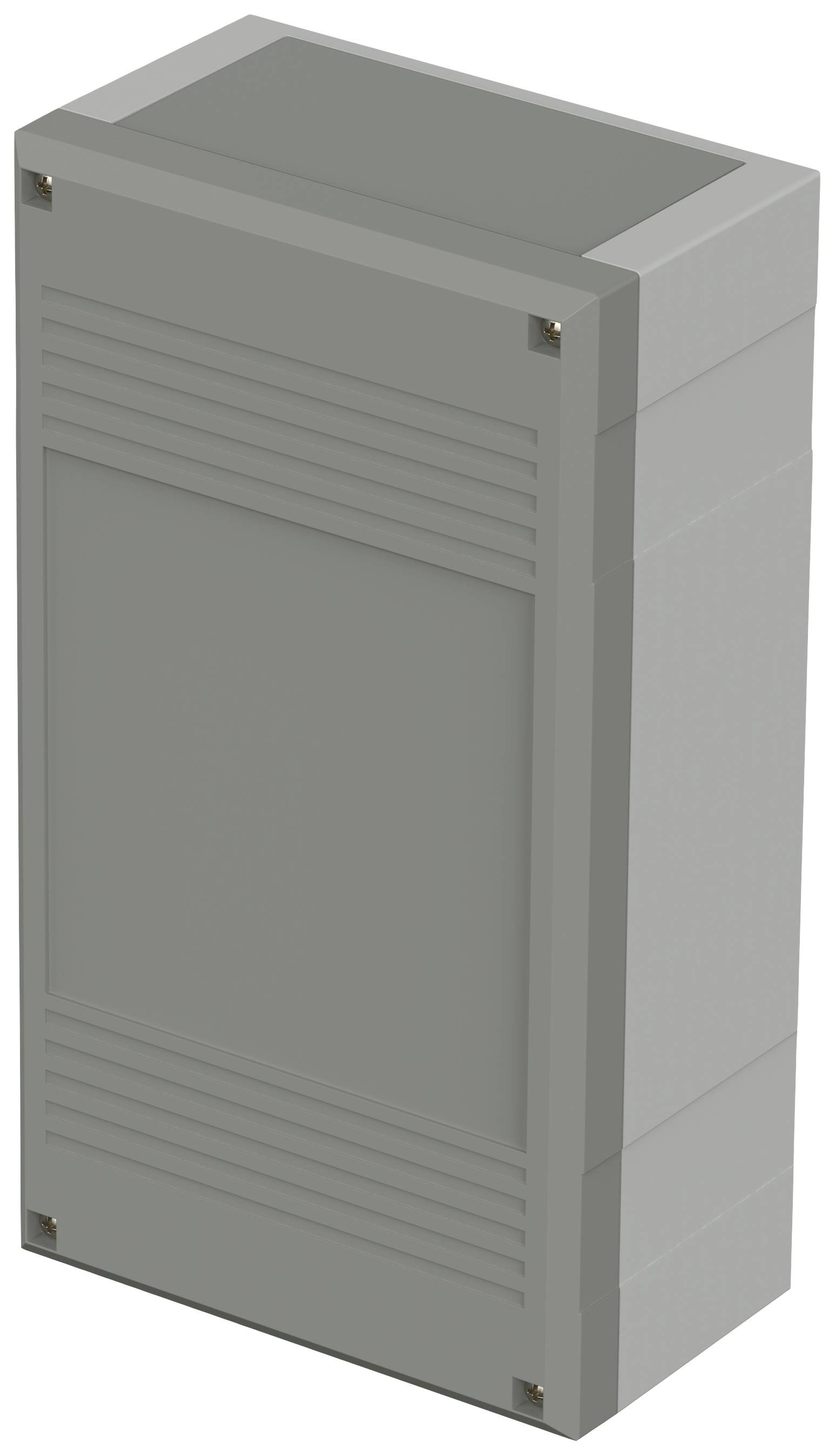 Boîtier électronique gris rectangulaire aux lignes lisses, aux bords nets et pourvu de quatre vis visibles aux angles. Adapté pour l'équipement technique.