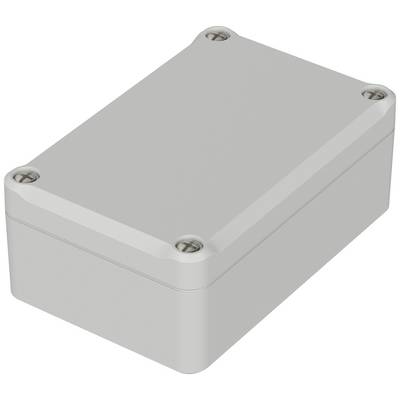 Boîtier rectangulaire gris en plastique avec quatre vis aux angles, adapté pour des projets électroniques.