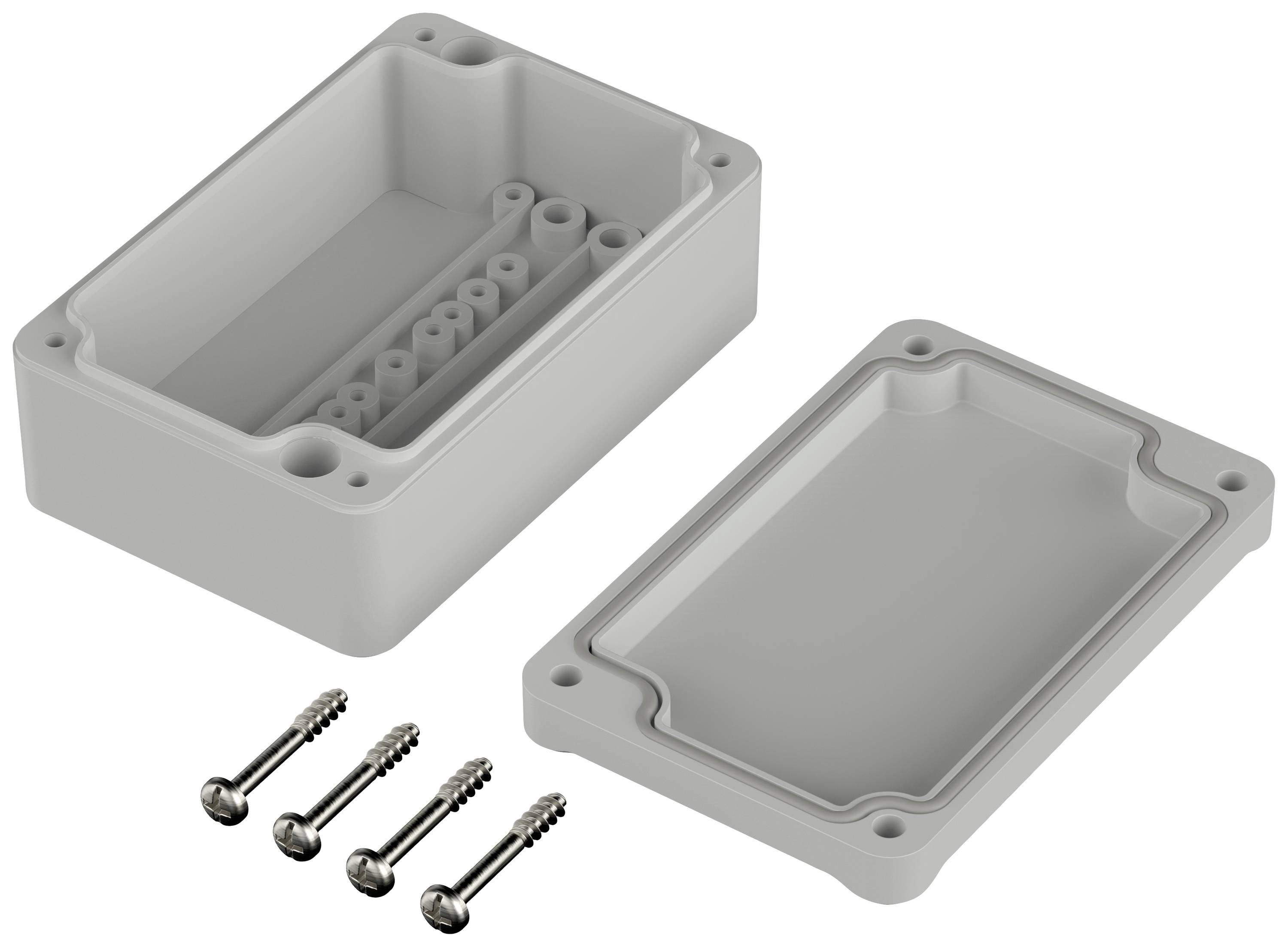 Boîtier rectangulaire en plastique gris avec couvercle amovible ; quatre vis ; conçu pour le montage électronique ou comme boîtier de protection.