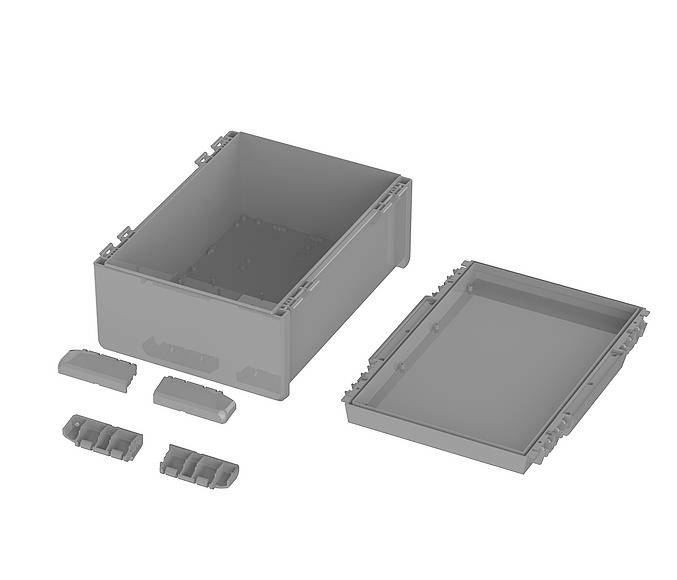 Boîte de rangement en plastique gris-transparent, composée de différentes pièces avec un couvercle et quatre petits éléments de connexion. Boîte conçue pour le stockage ou l'organisation.