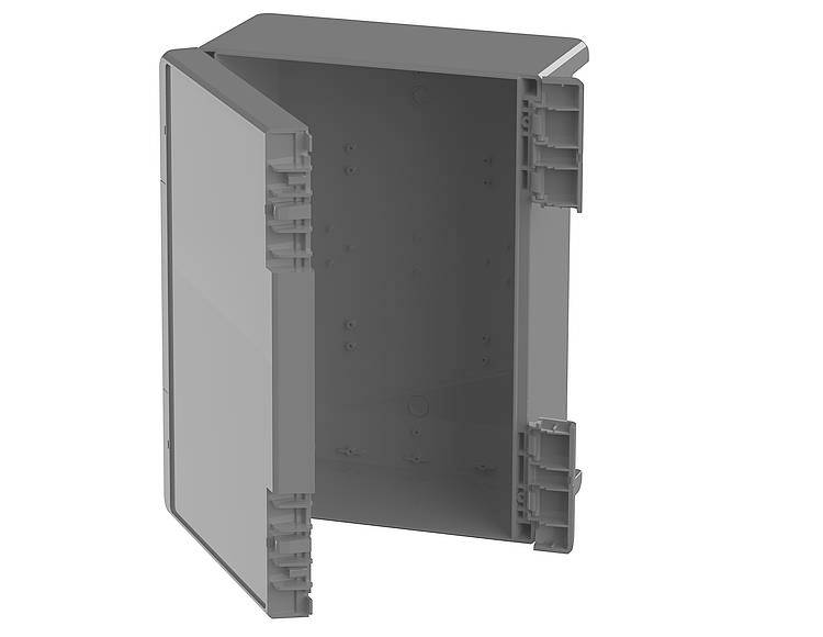 Boîtier électronique gris, ouvert, avec charnières sur le côté gauche et espace intérieur structuré.
