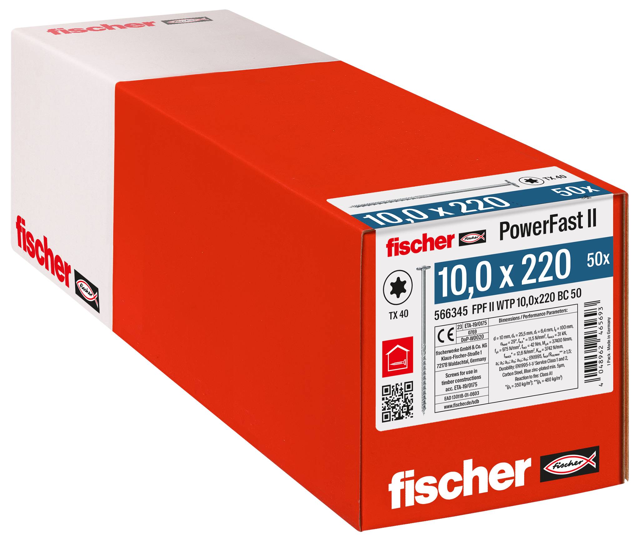 Boîte de vis PowerFast II Red Fischer étiquetée « 10,0 x 220 » et « 50x » sur fond blanc.