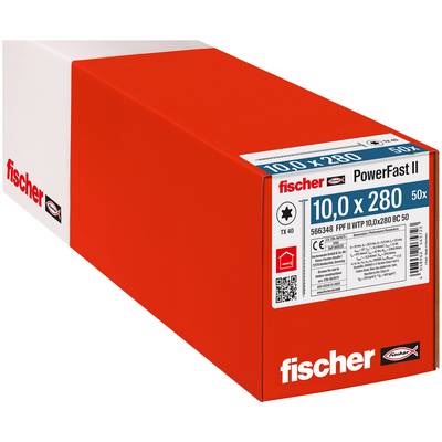 Boîte de vis Fischer PowerFast II rouge et blanc étiquetée « 10,0 x 280 » et « 50x ».