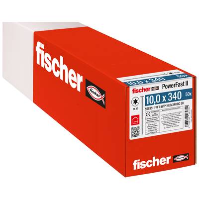 Boîte de vis Red Fischer PowerFast II, étiquetée « 10,0 x 340 » et « 50x », présentée en vue trois quarts sur fond blanc.