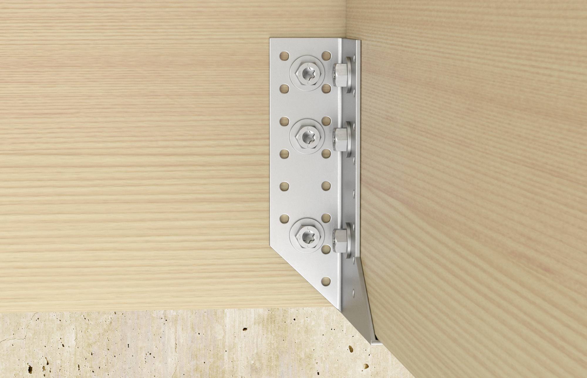 Équerre métallique avec des vis de fixation, montée sur deux murs en bois formant un angle droit, illustrant un support structural.