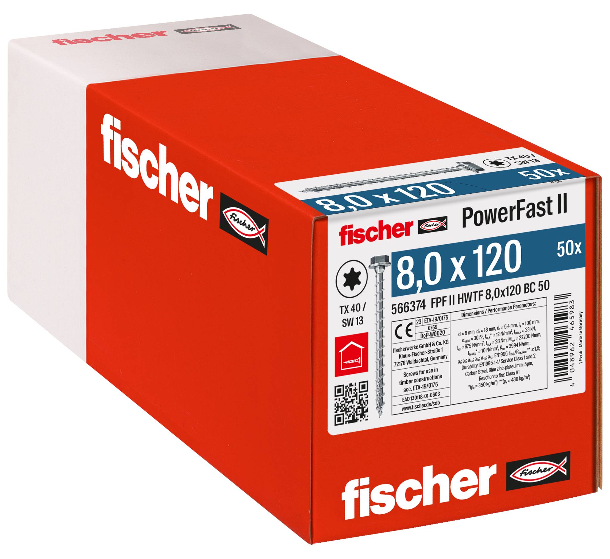 Fischer 566374 PowerFast II Vis à bois hexagonale 8 mm 120 mm à denture intérieur multiple acier étamé par galvanisation 50 pc(s)