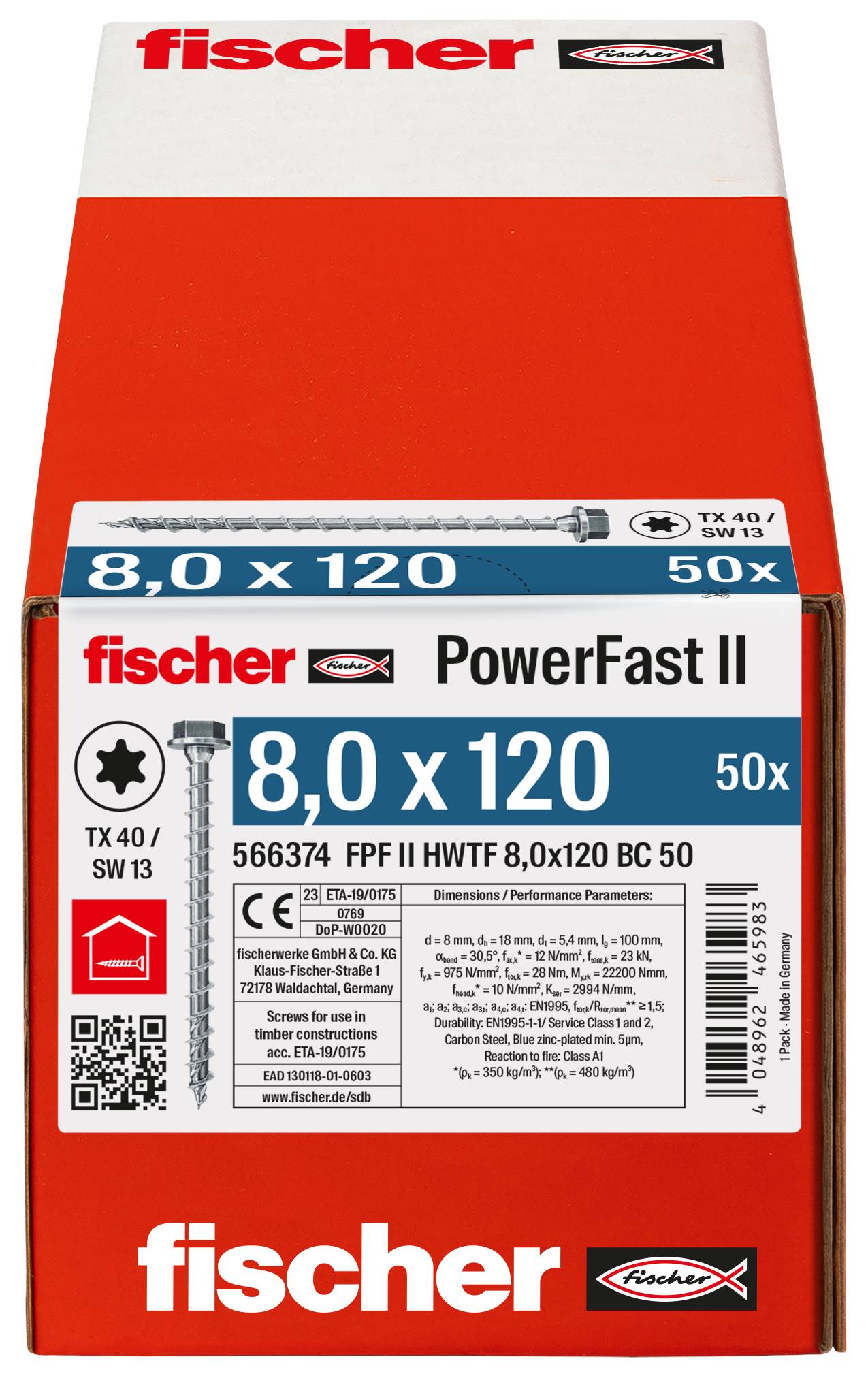 Emballage pour vis fischer PowerFast II, étiqueté 8,0 x 120, 50x, avec détails du produit et code-barres sur une boîte rouge et blanche.