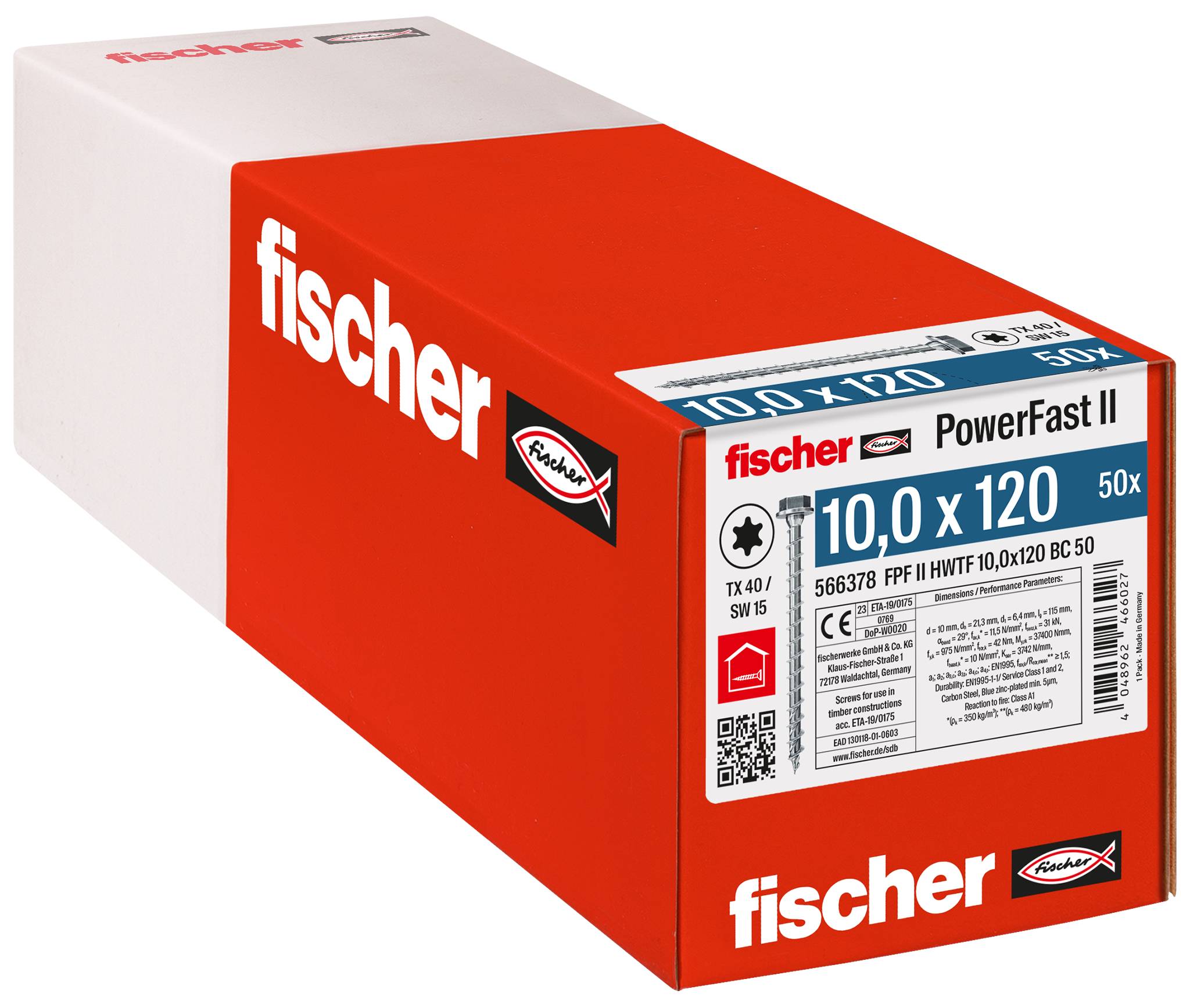 Fischer 566378 PowerFast II Vis à bois hexagonale 10 mm 120 mm à denture intérieur multiple acier étamé par galvanisation 50 pc(s)
