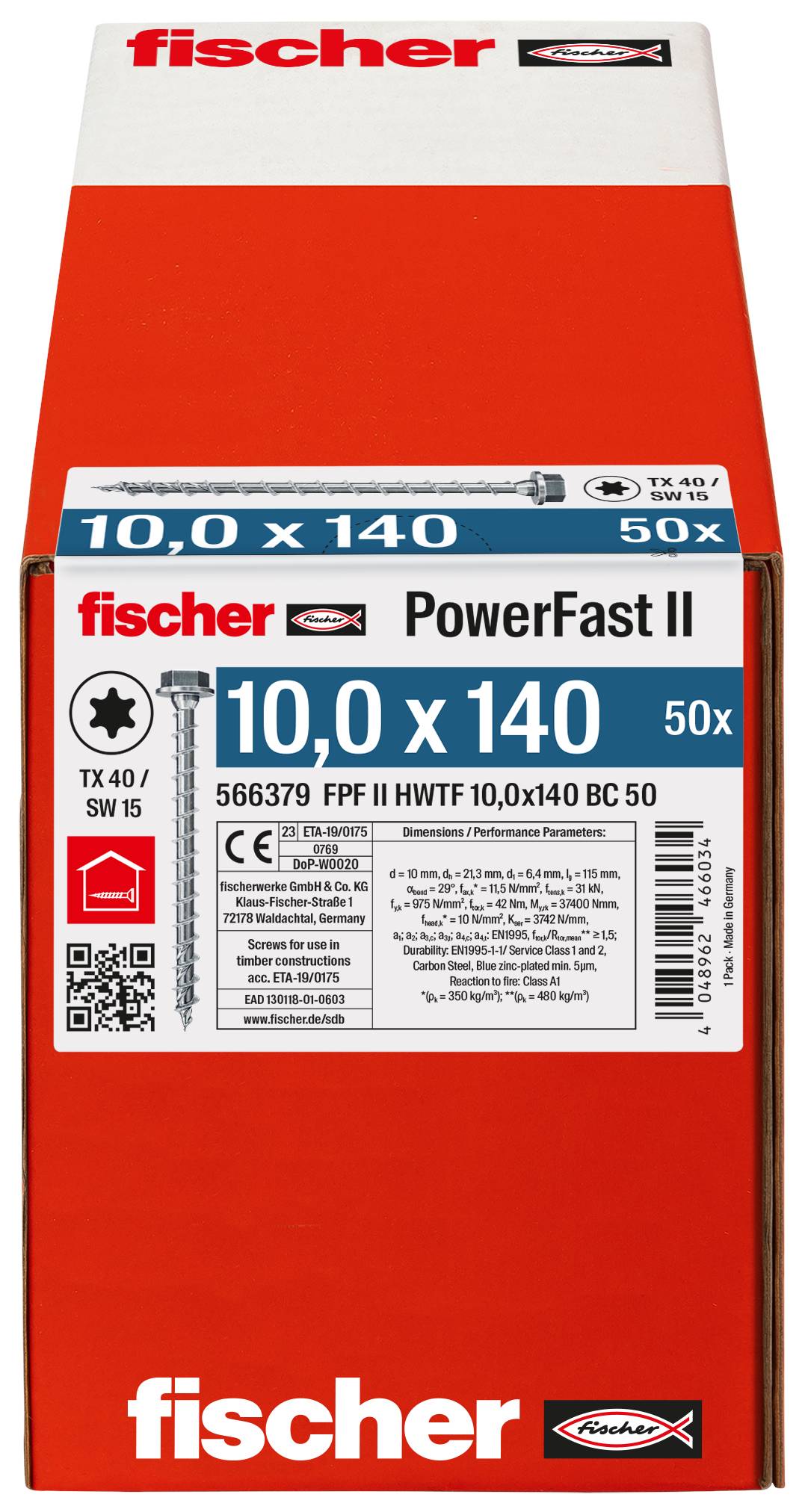 Boîte Fischer PowerFast II de 50 vis à bois, taille 10,0 x 140, avec emballage rouge et blanc.