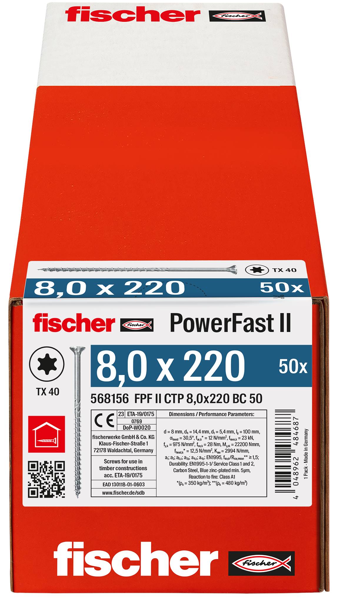 Paquet de vis fischer PowerFast II TX 40, étiqueté « 8.0 x 220 » et « 50x », présenté dans une boîte rouge et blanche.