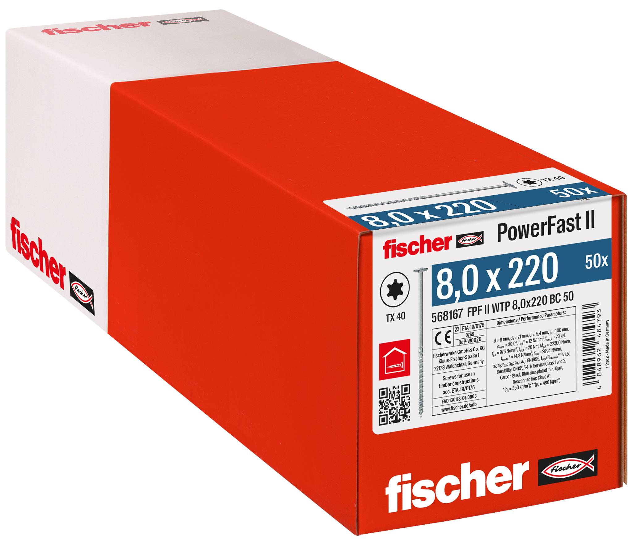 Boîte de vis fischer PowerFast II 8.0 x 220, emballage rouge et blanc étiqueté 50x.