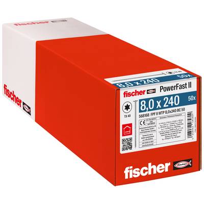 Boîte de vis PowerFast II Red Fischer étiquetée « 8,0 x 240 » et « 50x » présentée sur un fond blanc.