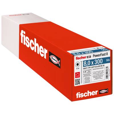 Boîte de vis Red Fischer PowerFast II étiquetée « fischer », « PowerFast II » et « 8,0 x 300 » sur le devant.