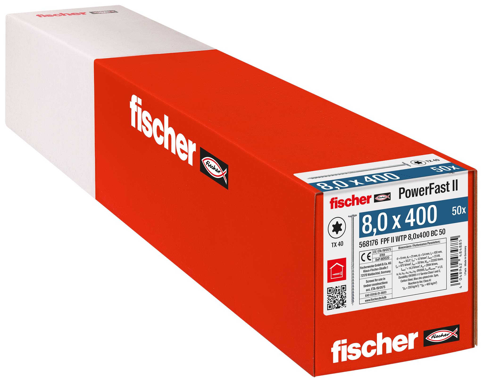Boîte Red Fischer PowerFast II de 50 vis, étiquetée « 8,0 x 400 », présentée sur fond blanc.