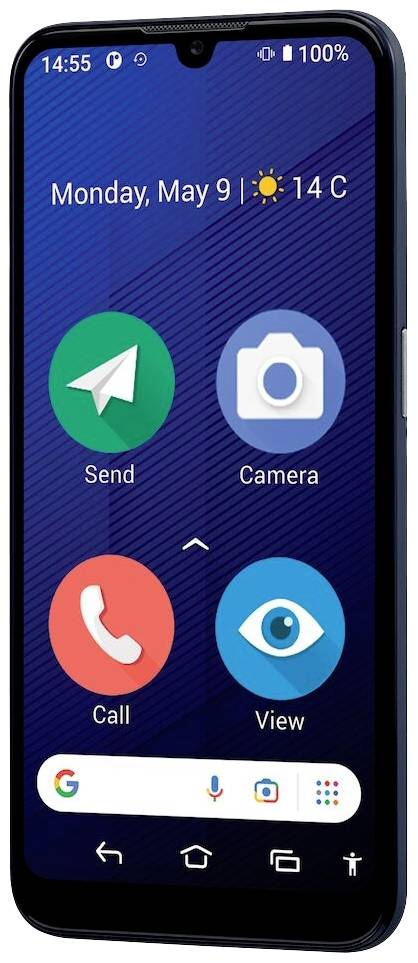 Écran de smartphone avec des icônes d'applications : 'Envoyer', 'Appareil photo', 'Appeler', 'Voir'. Date 'Lundi 9 mai', Météo 'Ensoleillé, 14°C'.