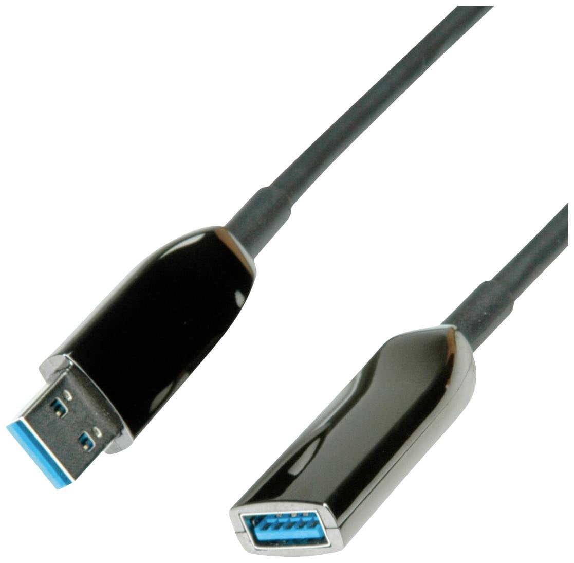 Câble USB avec une fiche de type A et un port de type A, tous deux en noir avec des connecteurs bleus.