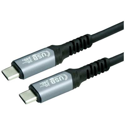 Deux câbles USB-C avec des connecteurs argentés et une gaine noire, marqués 'USB 20Gb 240W'. Adaptés aux transferts de données rapides et aux hautes performances.