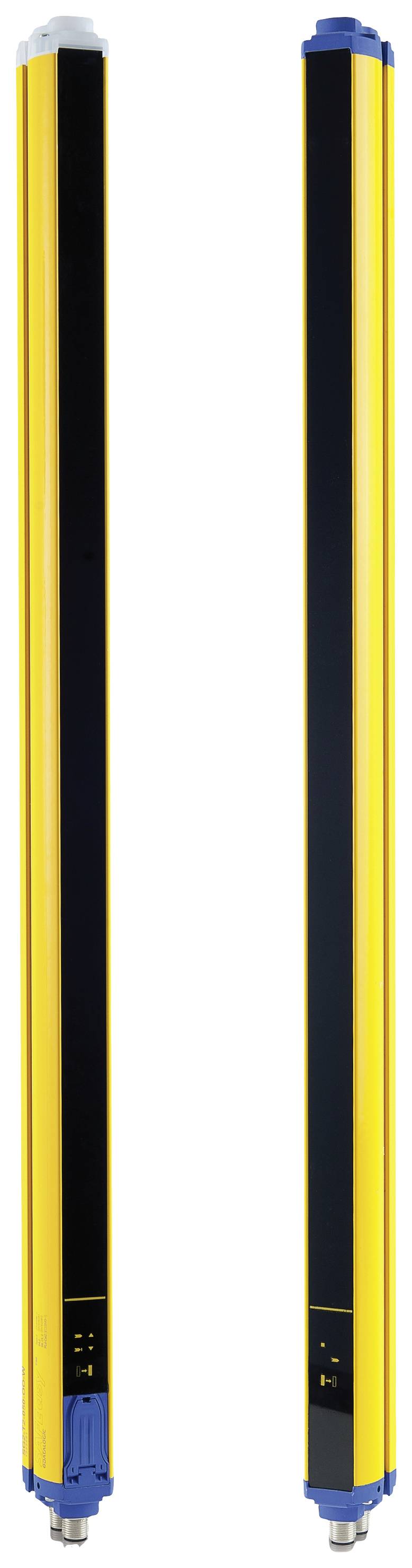 Deux barrages optiques de sécurité verticaux avec des boîtiers jaunes et des surfaces de capteurs noires, utilisés pour détecter les mouvements.