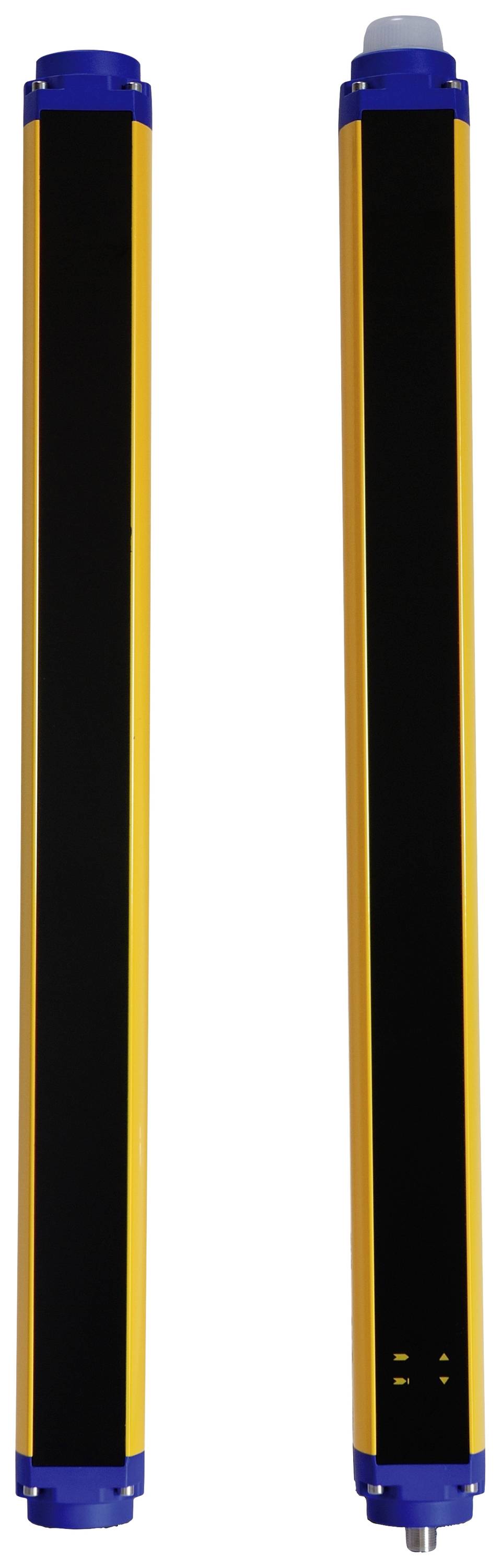 Deux barrières immatérielles de sécurité parallèles, de forme allongée, en jaune et noir, avec des embouts bleus, disposées verticalement.