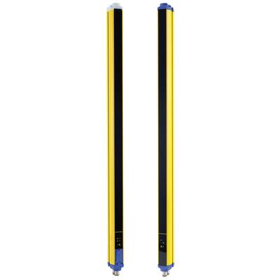 Deux barrières immatérielles de sécurité jaunes avec des rayures noires et des embouts bleus, utilisées pour la protection des machines dans des environnements industriels.