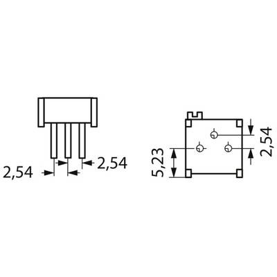 Composant électronique montrant les dimensions : écart de broche de 2,54 mm, largeur totale de 5,23 mm, représenté en vue de dessus et en vue latérale.