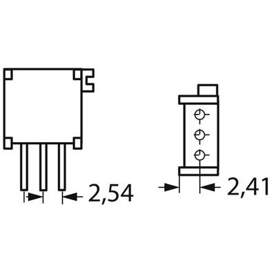 Diagramme d'un composant électronique à trois broches. Dimensions indiquées : 2,54 mm et 2,41 mm. Vue de dessus et vue latérale.