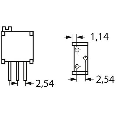 'Schéma de connexions d'une prise à 3 pôles avec un pas de grille de 2,54 mm ; vue latérale et frontale avec des dimensions de 1,14 mm et 2,54 mm'