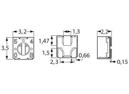 Dessin technique d'un composant avec des dimensions en millimètres. Présente les vues de face, de côté et de dessus avec des mesures détaillées.