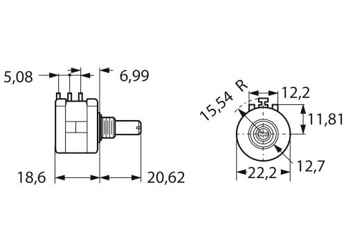 Dessin technique d'un composant électronique avec dimensions en millimètres : hauteur 18,6, largeur 20,62, longueur 22,2, rayon 15,54.