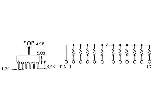 Schéma de connexion d'un réseau de commutation DIP à 12 broches. Broche 1 à 12. Résistances entre les broches. Dimensions : 1,24, 2,49, 3,43, 5,08 mm.