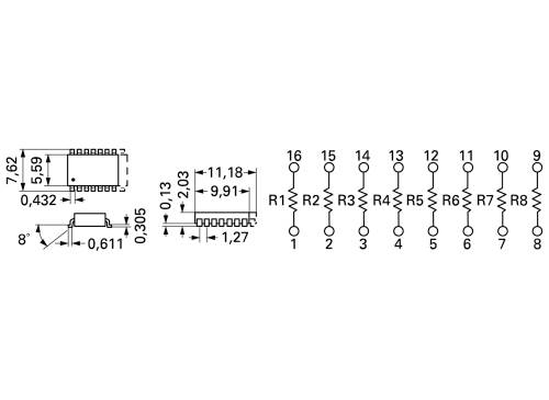 'Schéma de circuit d'un réseau de résistances à 16 broches. Chaque broche est connectée à une résistance de R1 à R8, alternant à gauche et à droite.'