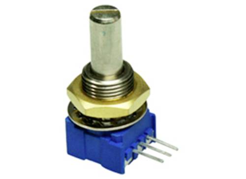 Potentiomètre rotatif avec boîtier bleu et trois broches métalliques. Il est utilisé pour réguler les tensions ou les signaux dans les circuits électroniques.