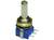 Un potentiomètre rotatif bleu à trois bornes avec un axe en métal argenté, entouré d'un écrou de serrage doré. Adapté pour les réglages électroniques.