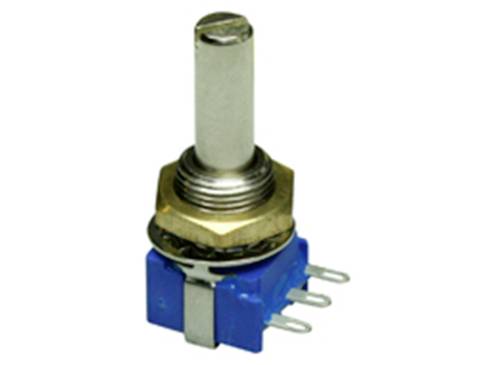 Un bouton de potentiomètre bleu avec trois broches métalliques en bas et une vis métallique en haut, sur un fond blanc.