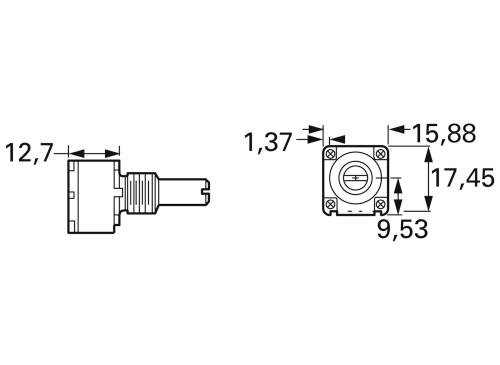 'Dessin technique d'un connecteur. La vue latérale montre une longueur de 12,7 mm. La vue frontale indique une largeur de 15,88 mm, une hauteur de 17,45 mm.'