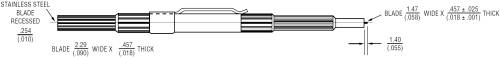 Dessin technique d'un stylo avec des dimensions précises en pouces et en millimètres. Présente les différentes pièces et leurs matériaux.
