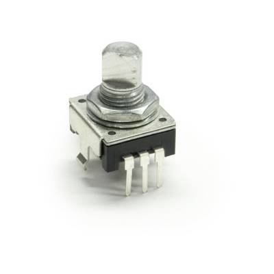 Un encodeur rotatif avec un axe métallique et quatre broches de connexion, adapté aux applications électroniques.
