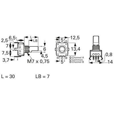 Dessin technique d'un potentiomètre avec dimensions : L=30, LB=7, M7x0,75 ; présente plusieurs vues latérales avec désignations des canaux.