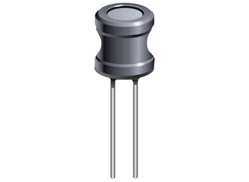 Un condensateur électrolytique cylindrique, câblé radialement, avec deux longues bornes métalliques en bas. Utilisé dans les circuits électroniques.