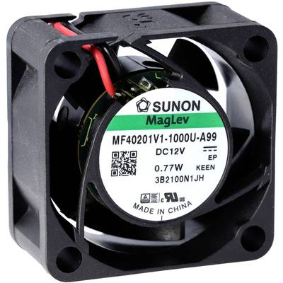 'Ventilateur de refroidissement noir de SUNON avec numéro de produit MF40201V1. Fonctionne à 12V DC. Technologie MagLev, fabriqué en Chine.'