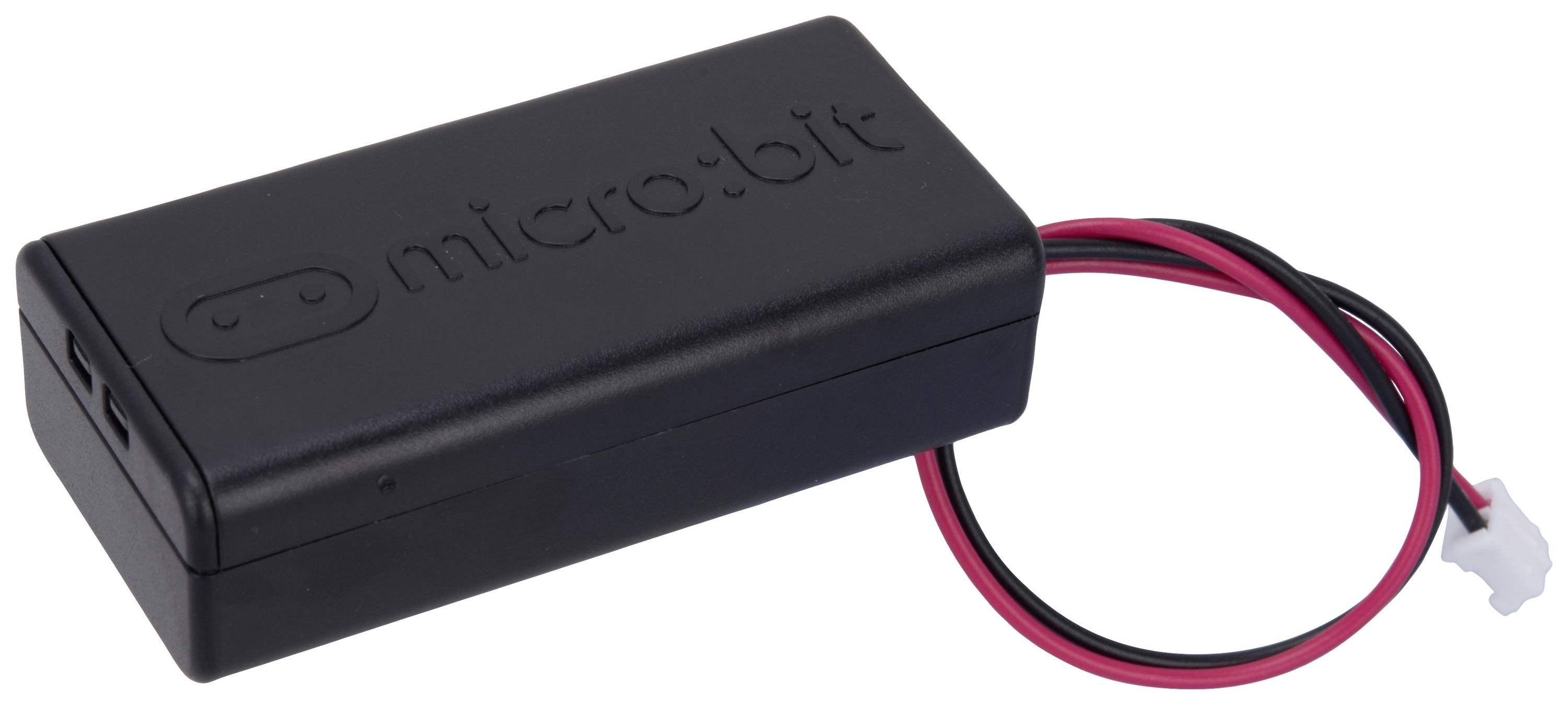 Boîtier de batterie noir pour Micro:bit, avec deux câbles, rouge et noir, sortant du côté.