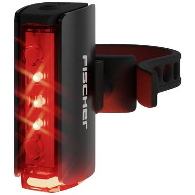 Feu arrière rouge de vélo avec plusieurs modules LED, monté sur un support réglable. Nom de marque visible sur le côté.