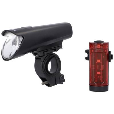'Ensemble d'éclairage pour vélo avec phare avant noir et feu arrière rouge, adapté pour une fixation sur le guidon et la tige de selle.'